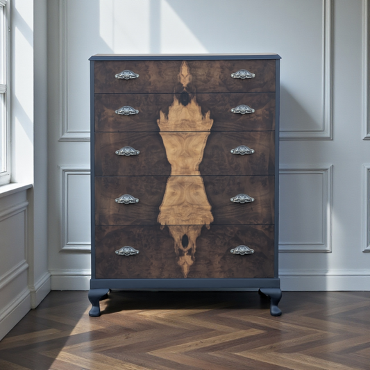 Vintage art deco navy blue walnut burr wood chest of drawers tallboy