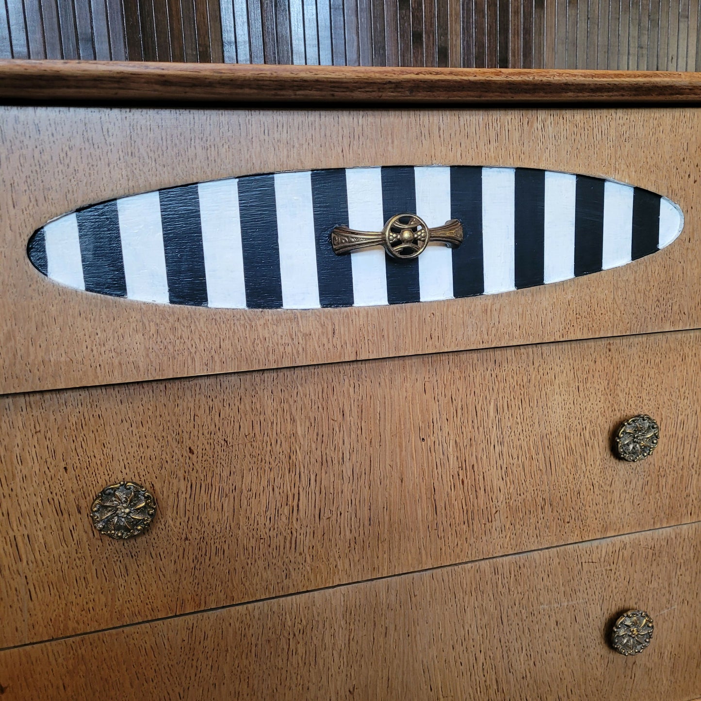 Art Deco Beautility Sideboard. Refinished Oak Cabinet. Striped vintage furniture.