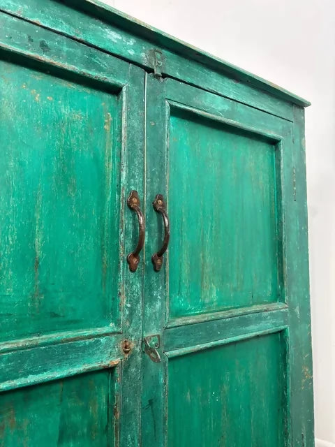 Reclaimed Indian Wood Rustic Green Distressed Cupboard