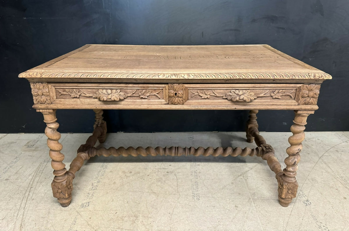 French Bleached Oak Carved Writing Desk