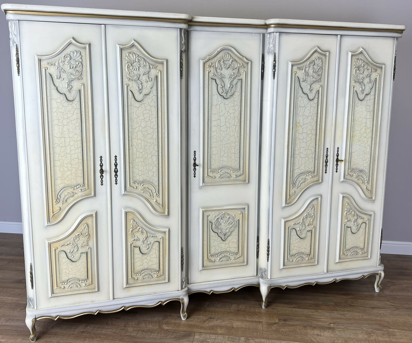 Wardrobe Vintage French Shabby Chic Five Door Carved Armoire Cabinet LOT 6121