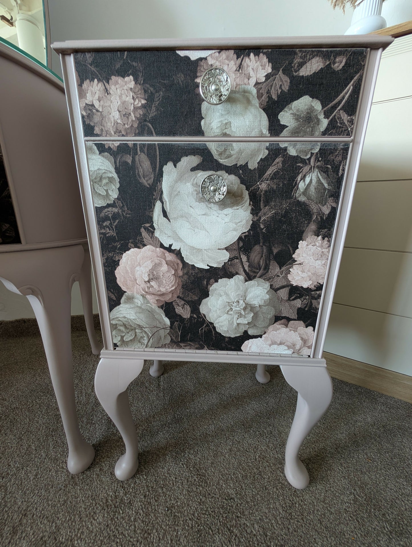 1940s Wrighton Dressing Table & Matching Bedside Cabinets | Vintage Painted Bedroom Set with Triple Mirrors and Glass Top
