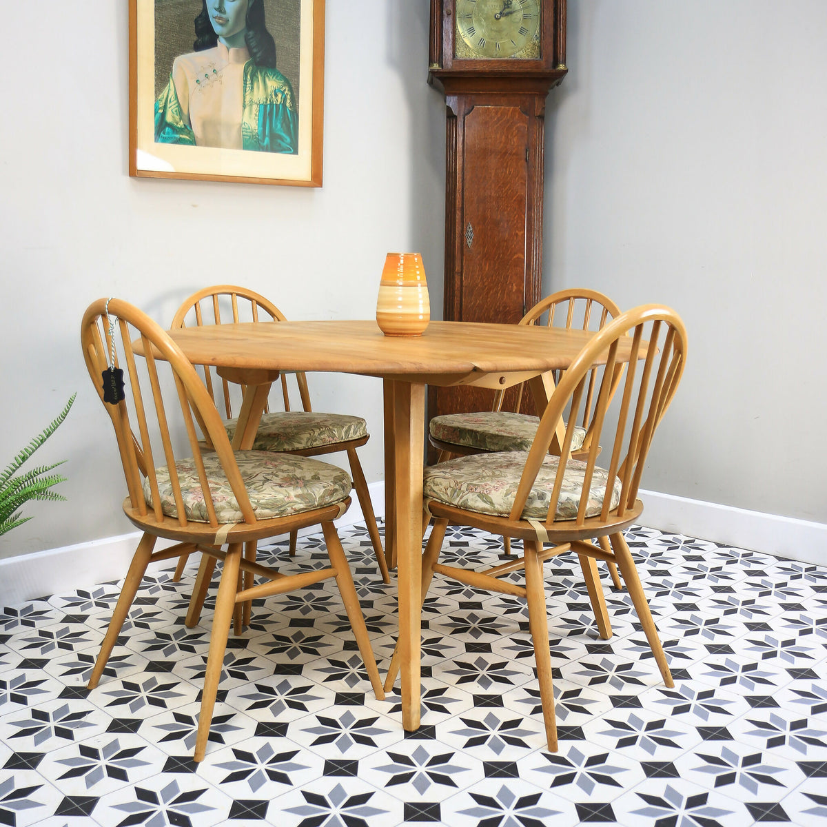 Four Ercol Windsor 370 Dining Chairs with n Elm Ercol Drop Leaf Dining Table