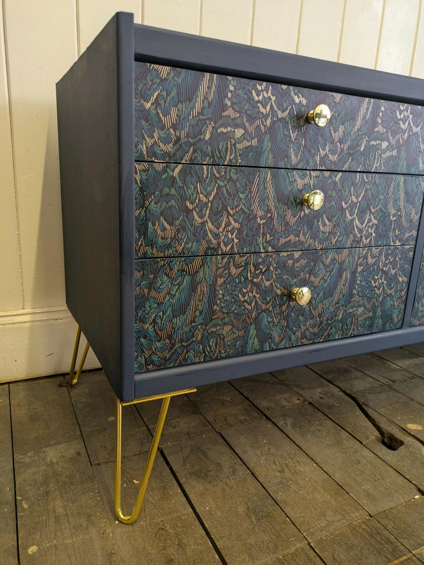 G Plan Midcentury Sideboard TV Unit Cocktail Cabinet. Upcycled Painted Blue,Teal Gold Living Room Furniture