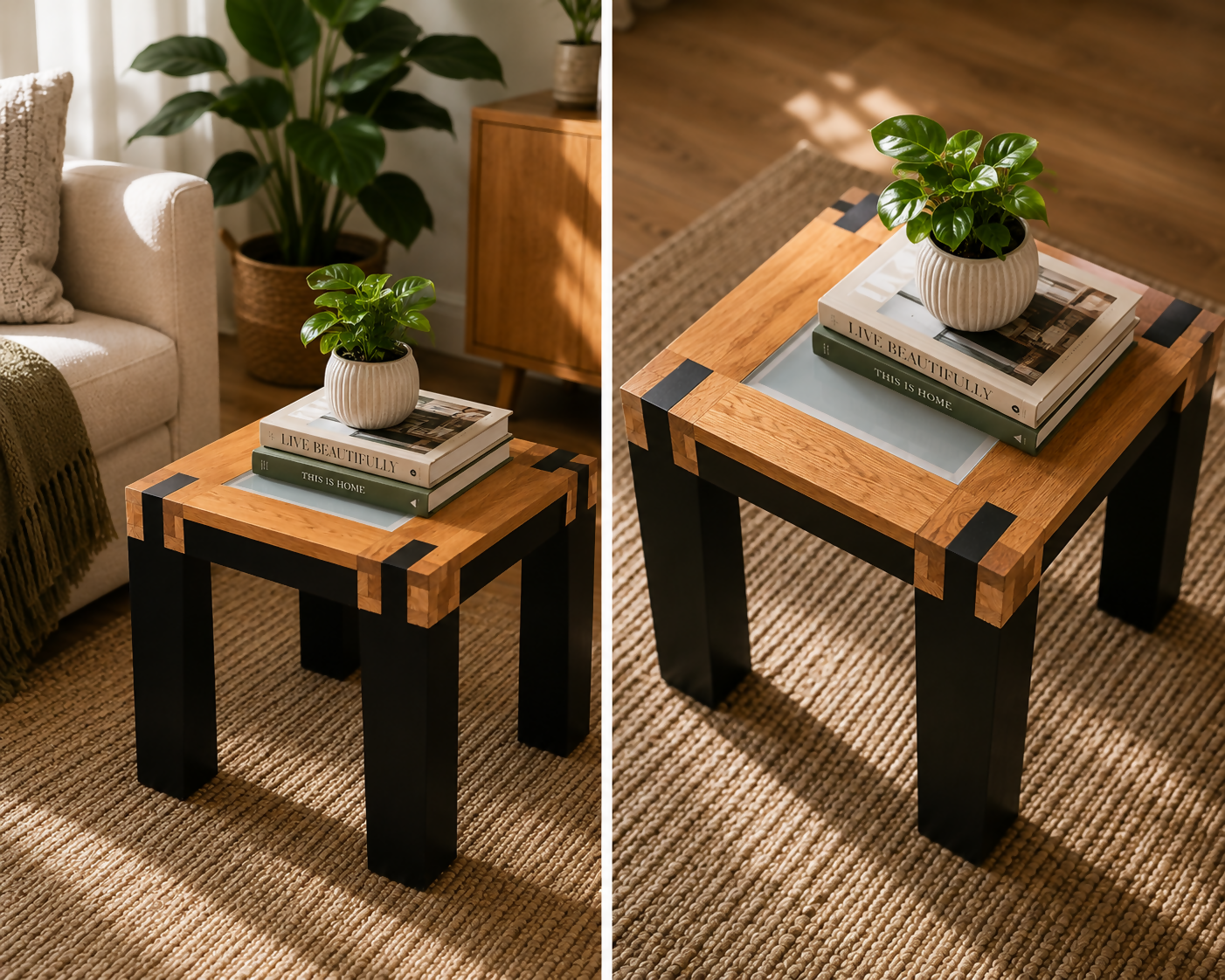 Oak Side Table with Glass Top, Black and Wood End Table, Revived Industrial Furniture, Handmade Bedside or Lamp Table, UK
