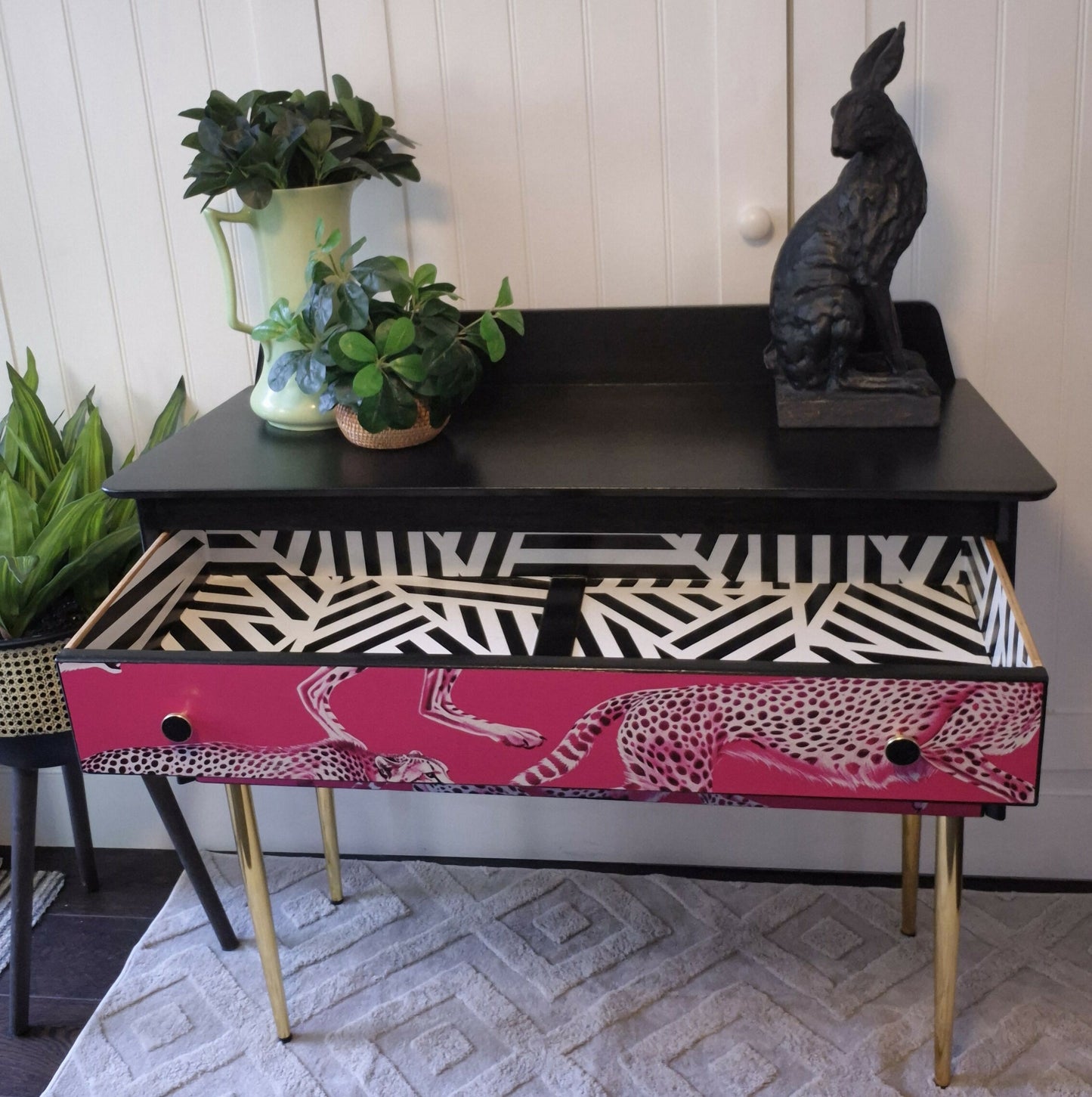 Hand Painted Vintage Mid-Century Modern Chest of Drawers: Black and Hot Pink Cheetah design