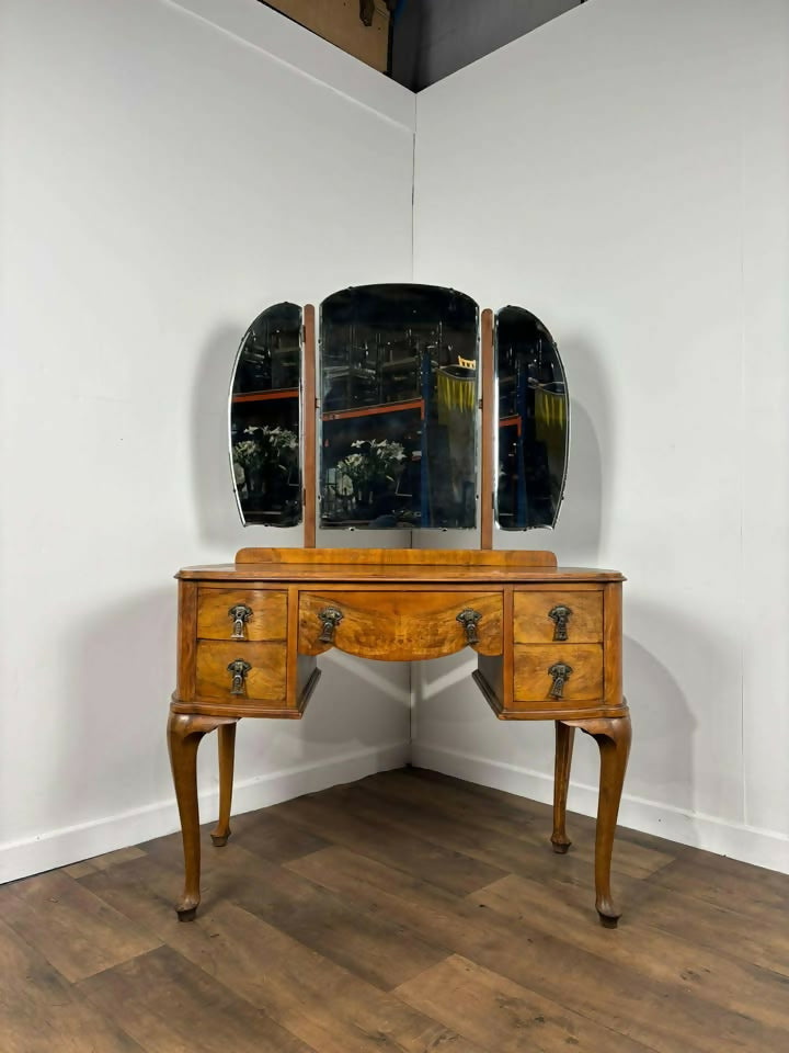 Vintage Walnut Veneered Dressing Table with Triptych Mirror
