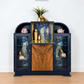 Curved Art Deco walnut drinks cocktail cabinet in navy blue and gold with peacock design. Glass display, Drinks cabinet, Sideboard