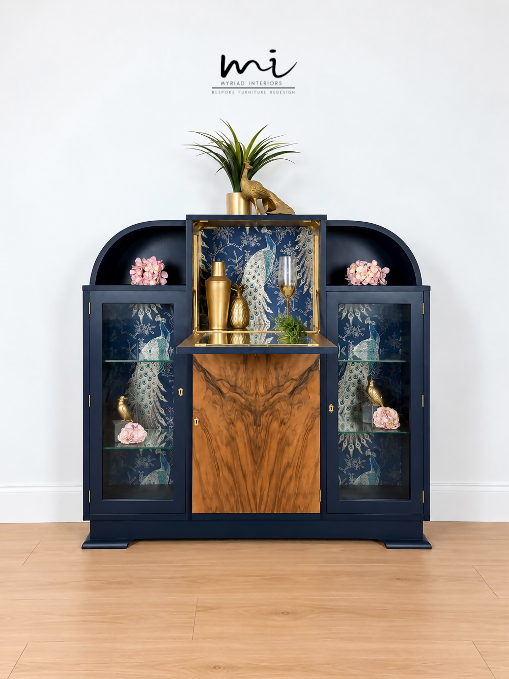 Curved Art Deco walnut drinks cocktail cabinet in navy blue and gold with peacock design. Glass display, Drinks cabinet, Sideboard