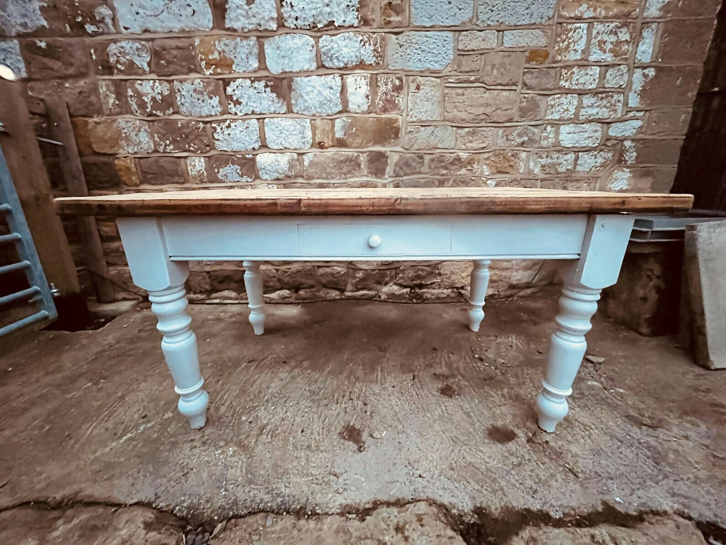 Vintage Farmhouse Table with Drawer – Rustic Reclaimed Pine Top & Painted Base – Country Kitchen Dining