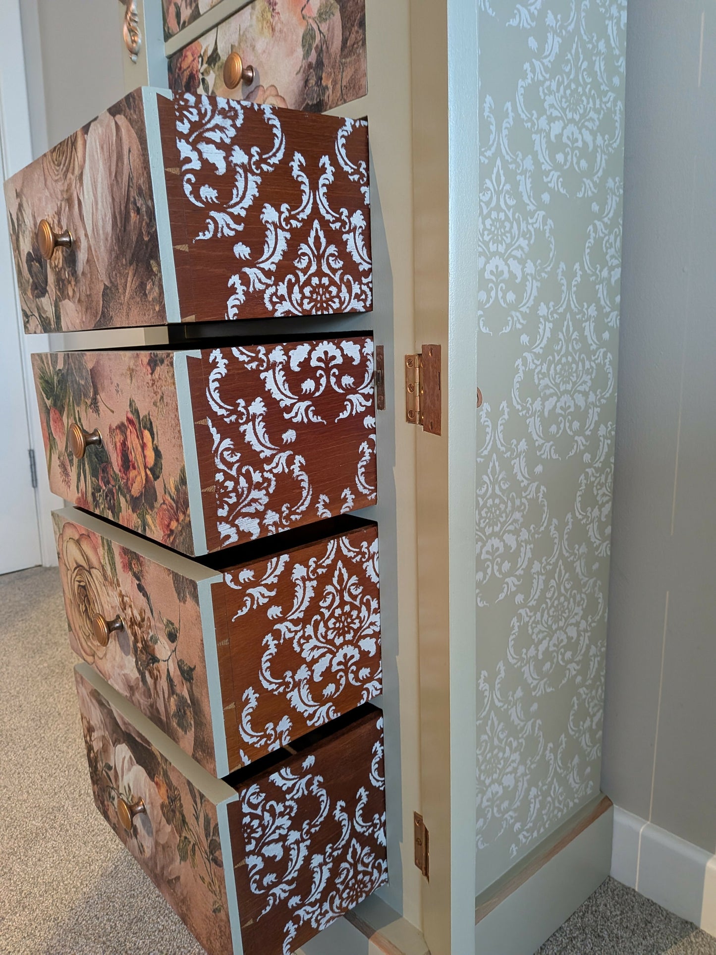 Vintage upcycled tallboy chest of drawers pale green with floral decoupage