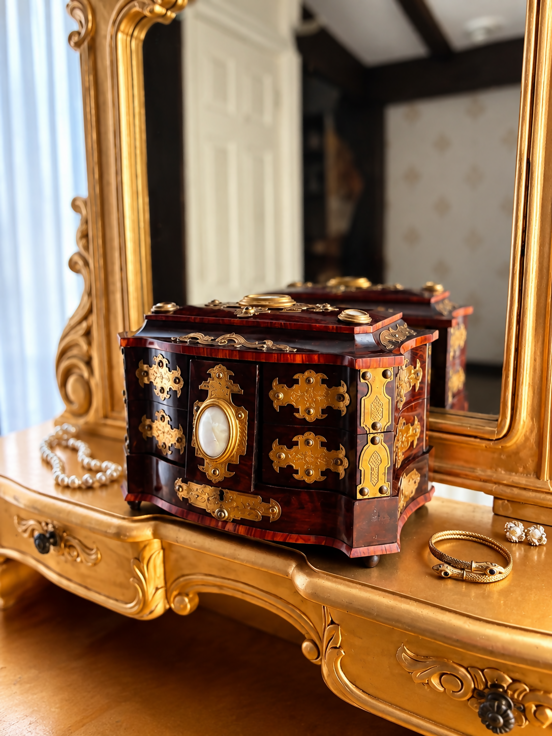 Antique Bombe Jewellery Trinket Box With Mother Of Pearl & Brass Mounts