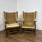 Vintage Pair Of Oak Framed Wing Back Armchairs