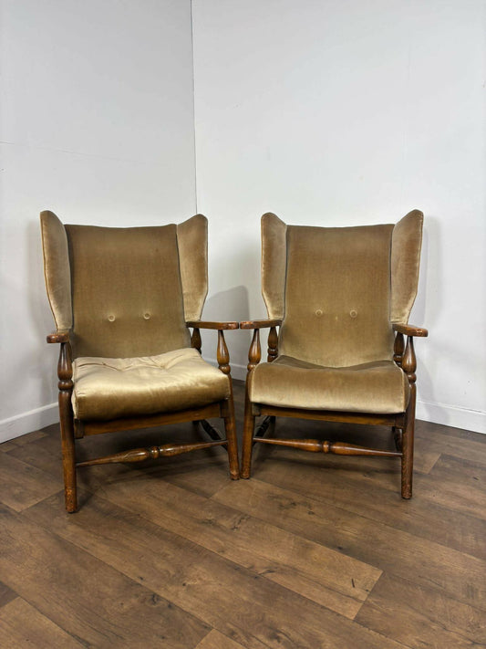 Vintage Pair Of Oak Framed Wing Back Armchairs