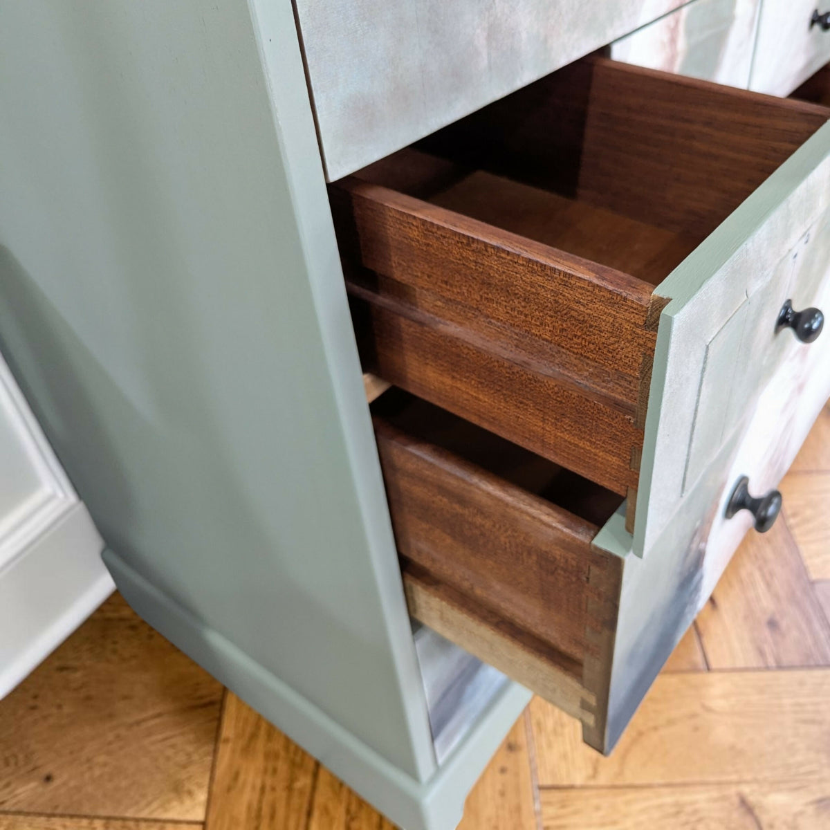 Vintage Stag sage green chest of drawers decoupage tallboy