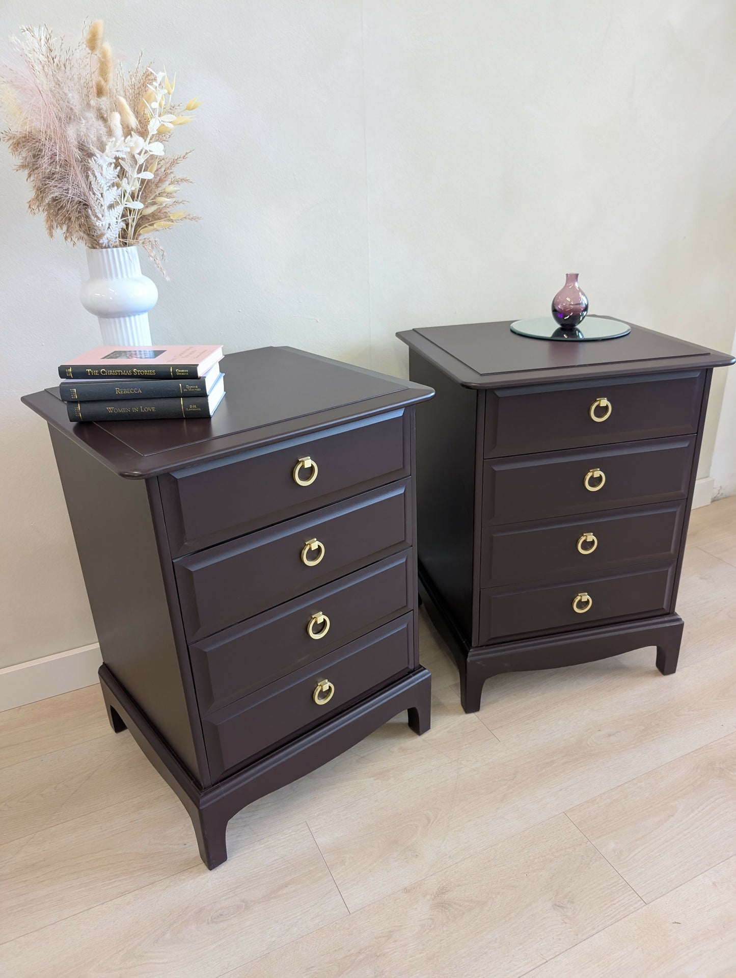 Pair of Stag Minstrel Bedside Tables Mid Century Burgundy Vintage 4 Drawer