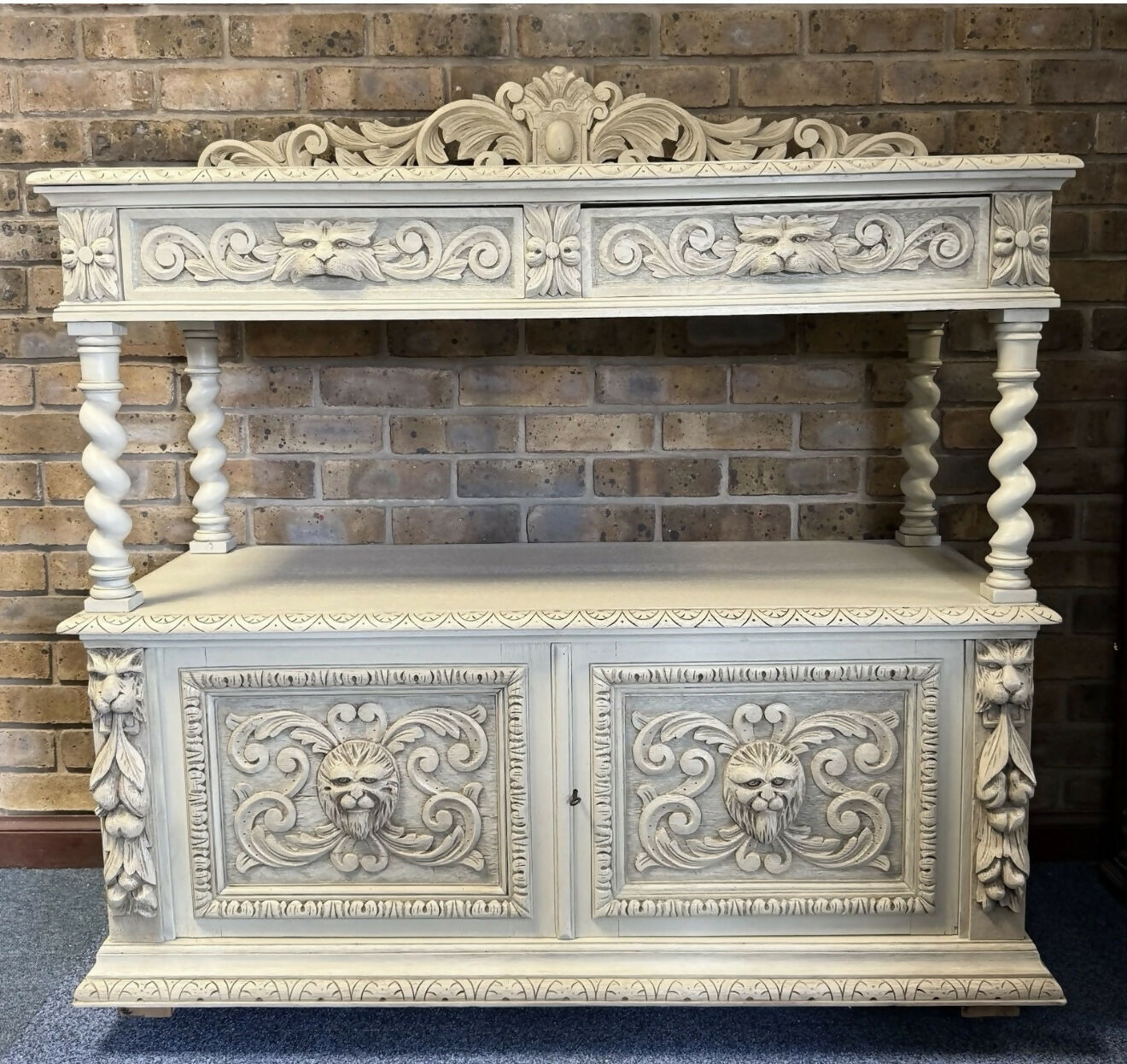 Antique Victorian Buffet/Server in oak with Green Man carvings.