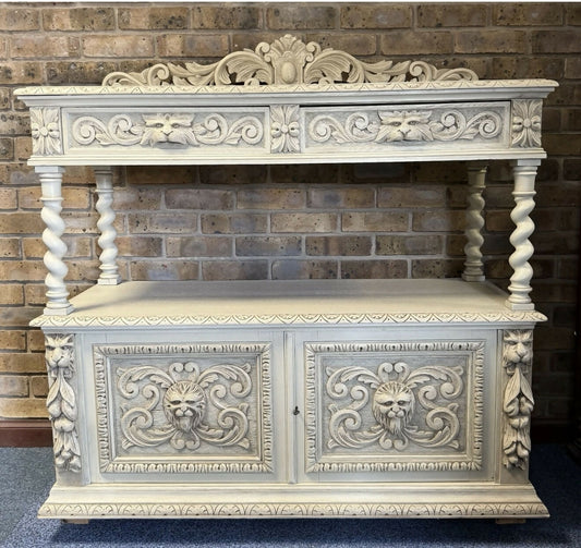 Antique Victorian Buffet/Server in oak with Green Man carvings.