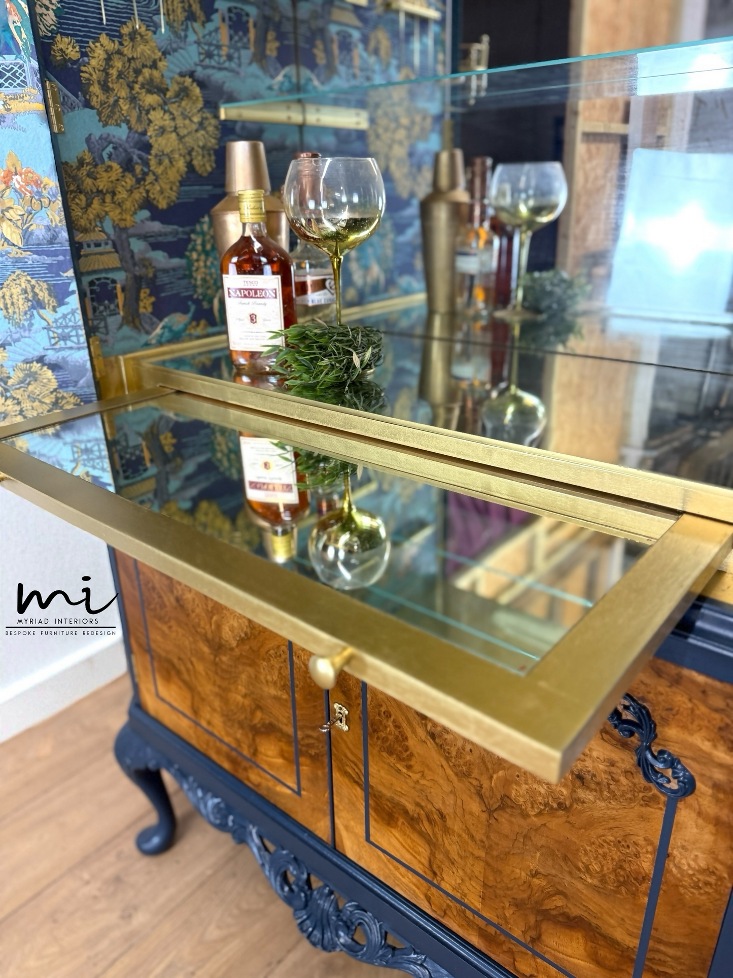 Navy blue Queen Anne cocktail cabinet, refurbished Art deco drinks cabinet, Sideboard walnut