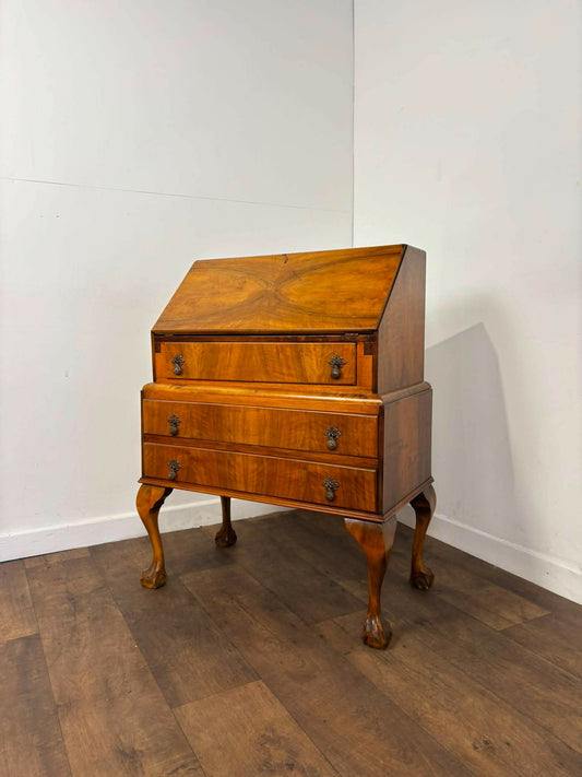 Vintage Walnut Veneer Waterfall Bureau on Claw & Ball Feet