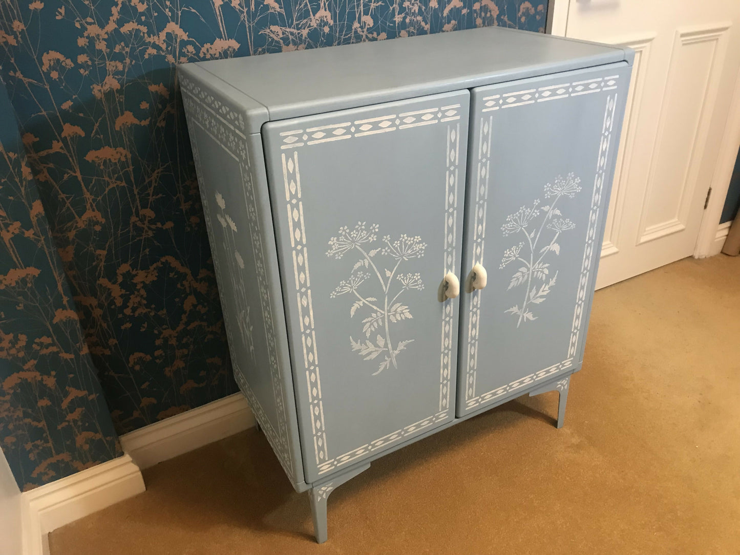 Painted Cupboard - Swedish Blue with Faux Bone Stencilling
