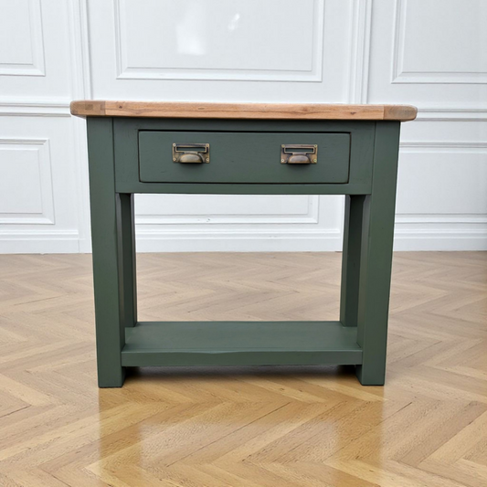 Solid oak green console table rustic hallway table with drawers and shelf