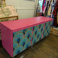 Midcentury Retro Sideboard TV Unit. Pink Teal Peacock Print Painted Upcycled Furniture