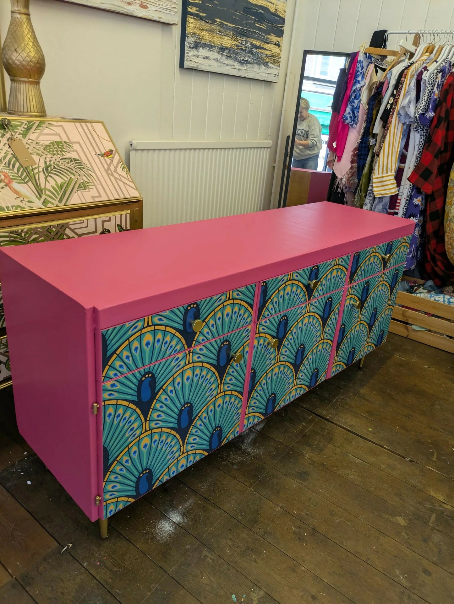 Midcentury Retro Sideboard TV Unit. Pink Teal Peacock Print Painted Upcycled Furniture
