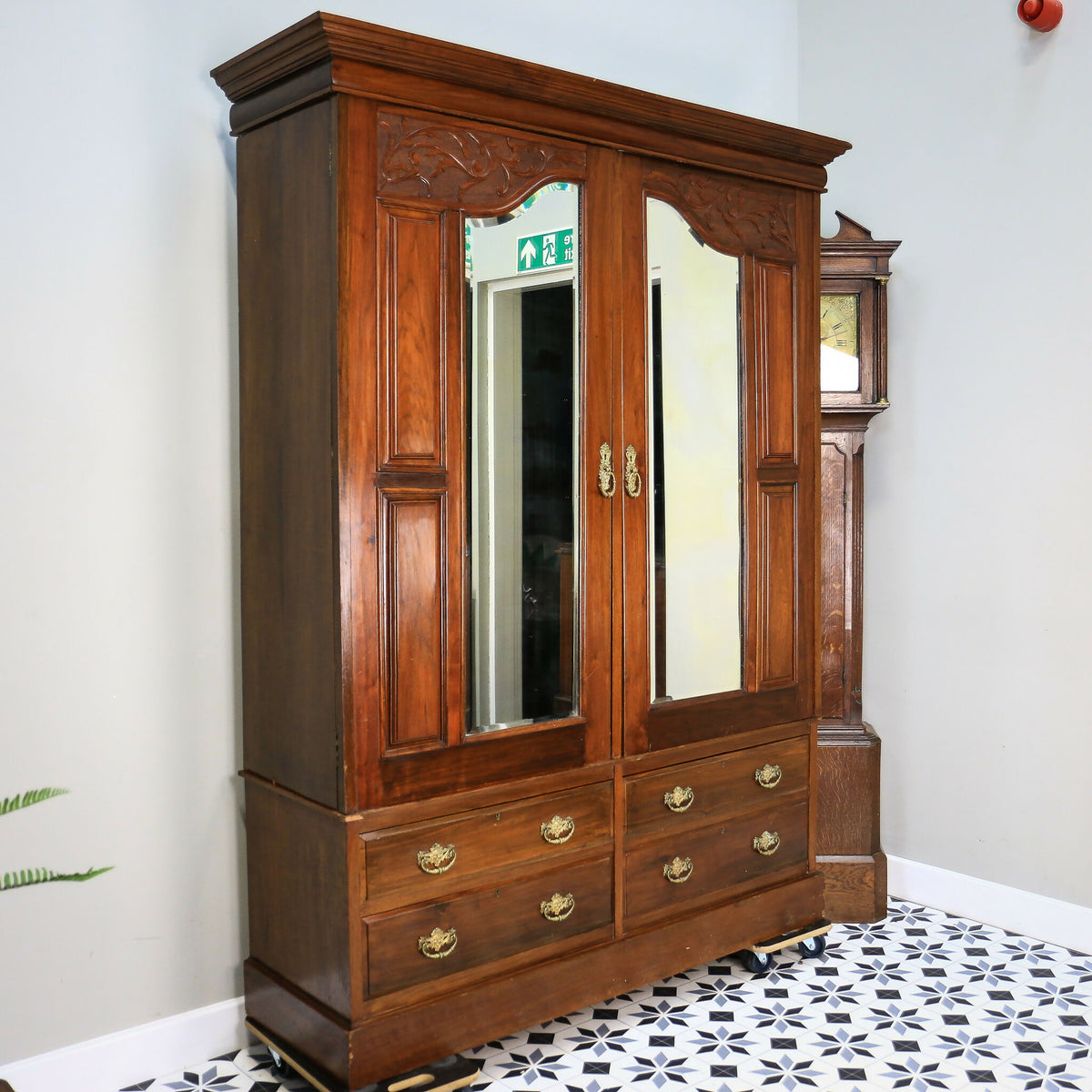 Antique Double Wardrobe Mirrored Doors and Graduated Drawers Late Victorian