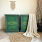 Vintage pine pair of bedside drawers, hand painted green and gold