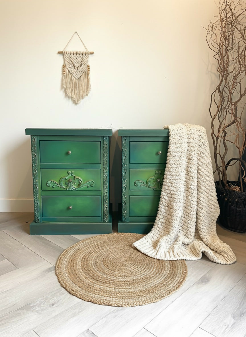 Vintage pine pair of bedside drawers, hand painted green and gold