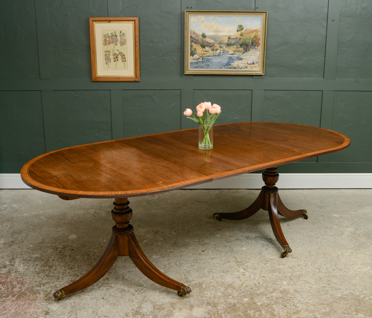 Regency Style Mahogany Extending Dining Table with Leaf - Twin Pedestal - D End