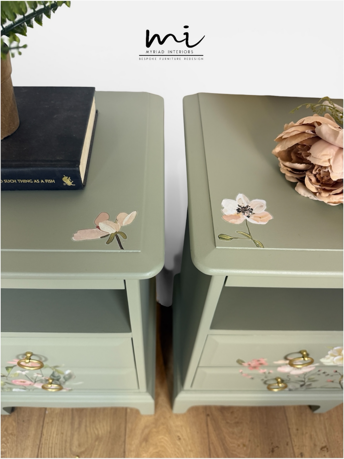 Rare Refinished Vintage Stag Minstrel Tea Tray Bedside Tables In Pale Sage Green With Floral Design, slim, nights stands, mid century