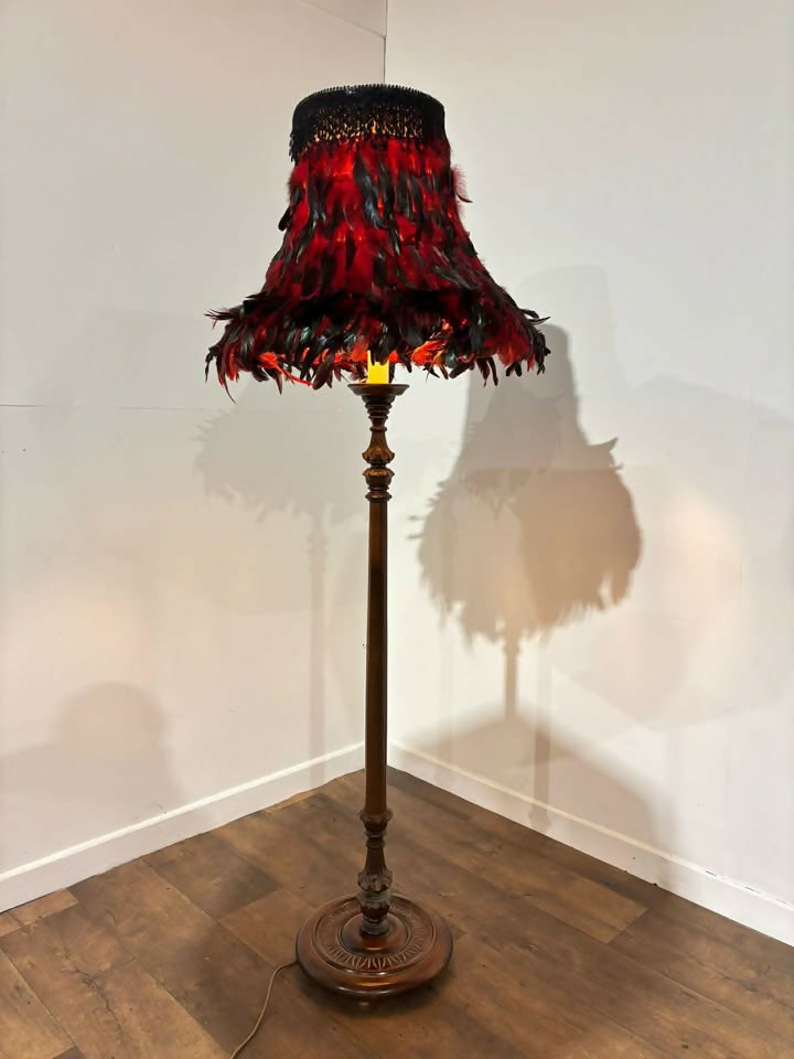 Vintage Carved Standard Lamp with Handmade Feather Shade