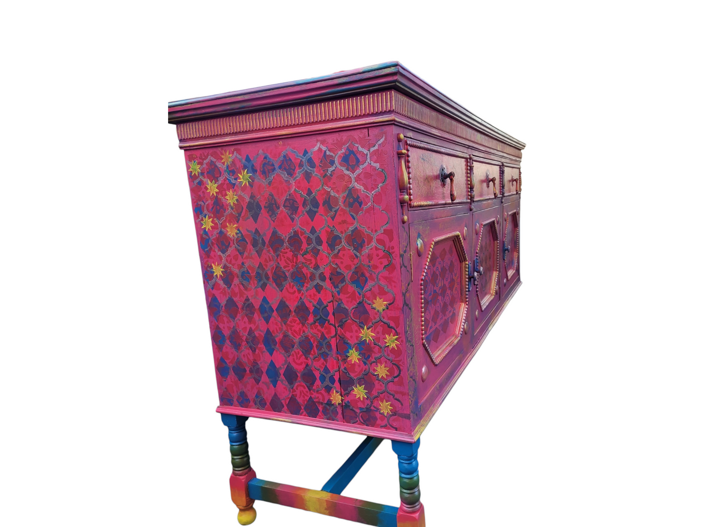 Boho Statement Cabinet. Hand Painted Vintage Sideboard. Colourful One of a Kind Furniture.