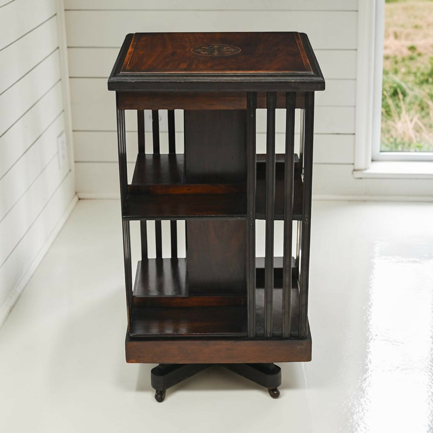 Edwardian Revolving Bookcase With 2 Tiers And Marquetry Decoration FREE Delivery