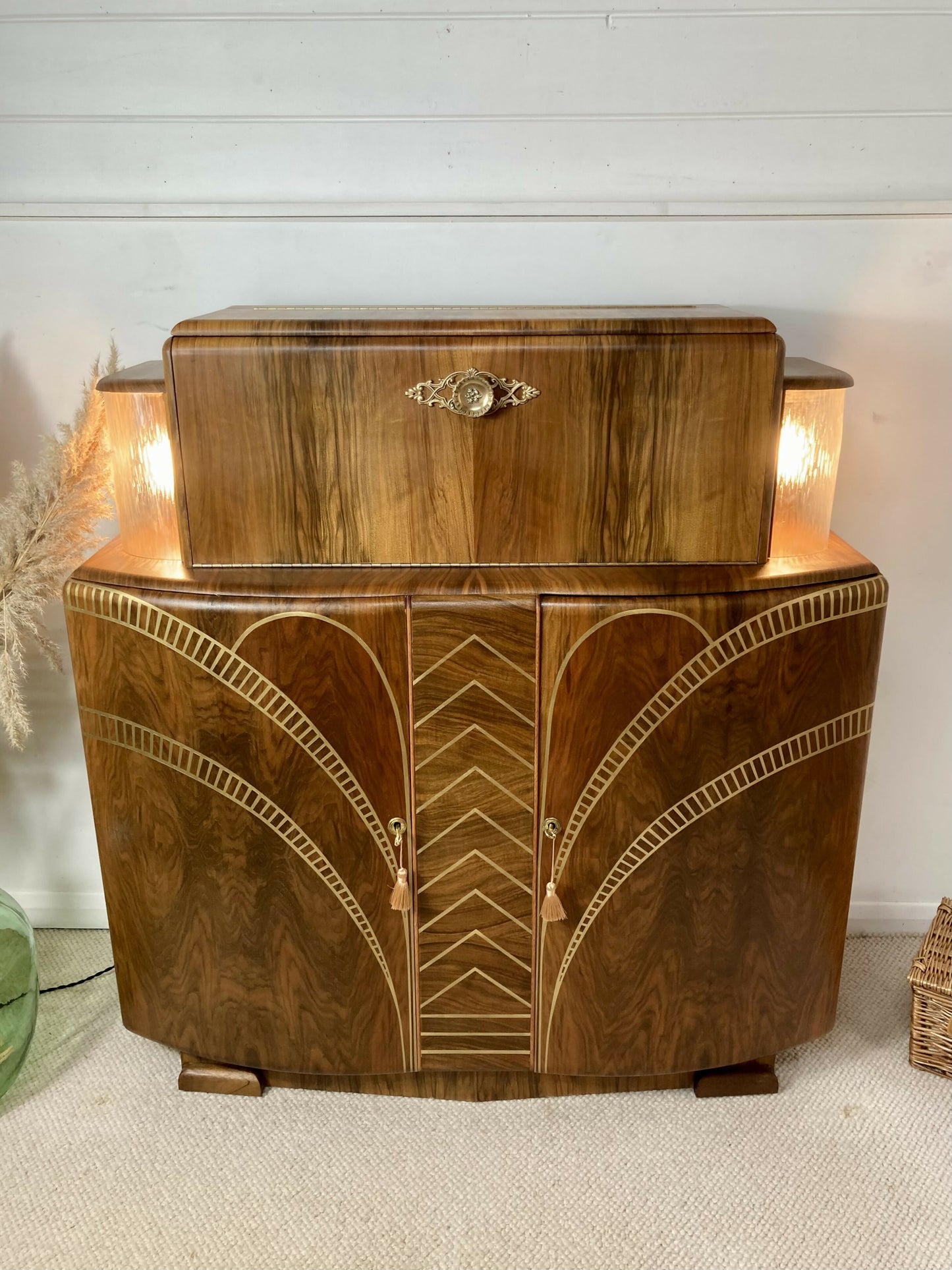 Large Art Deco Walnut Cocktail Cabinet with Design