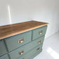Large olive green rustic pine merchant sideboard/ chest of drawers