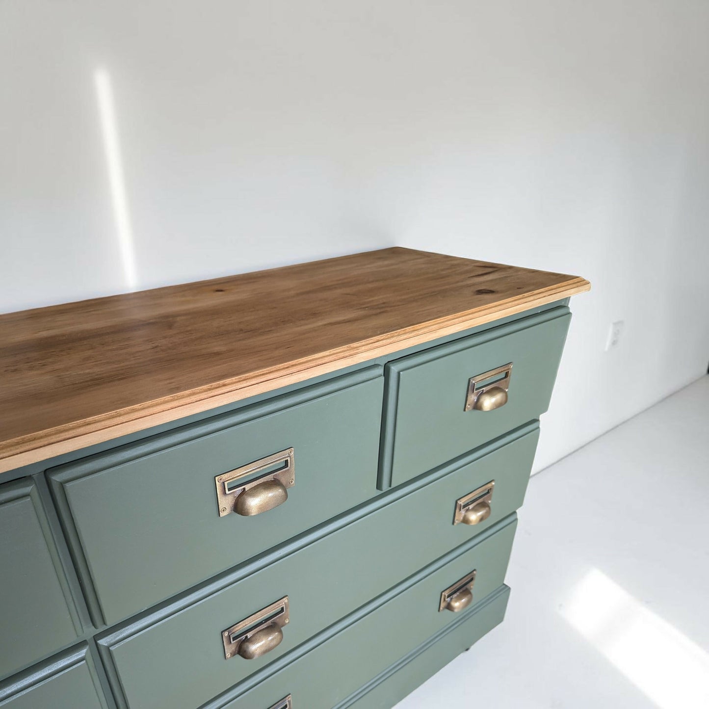 Large olive green rustic pine merchant sideboard/ chest of drawers