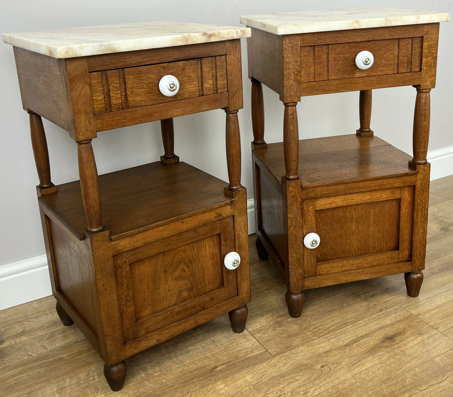 Pair of Bedside Tables Antique French Marble Top Oak Carved Cabinets LOT 6182