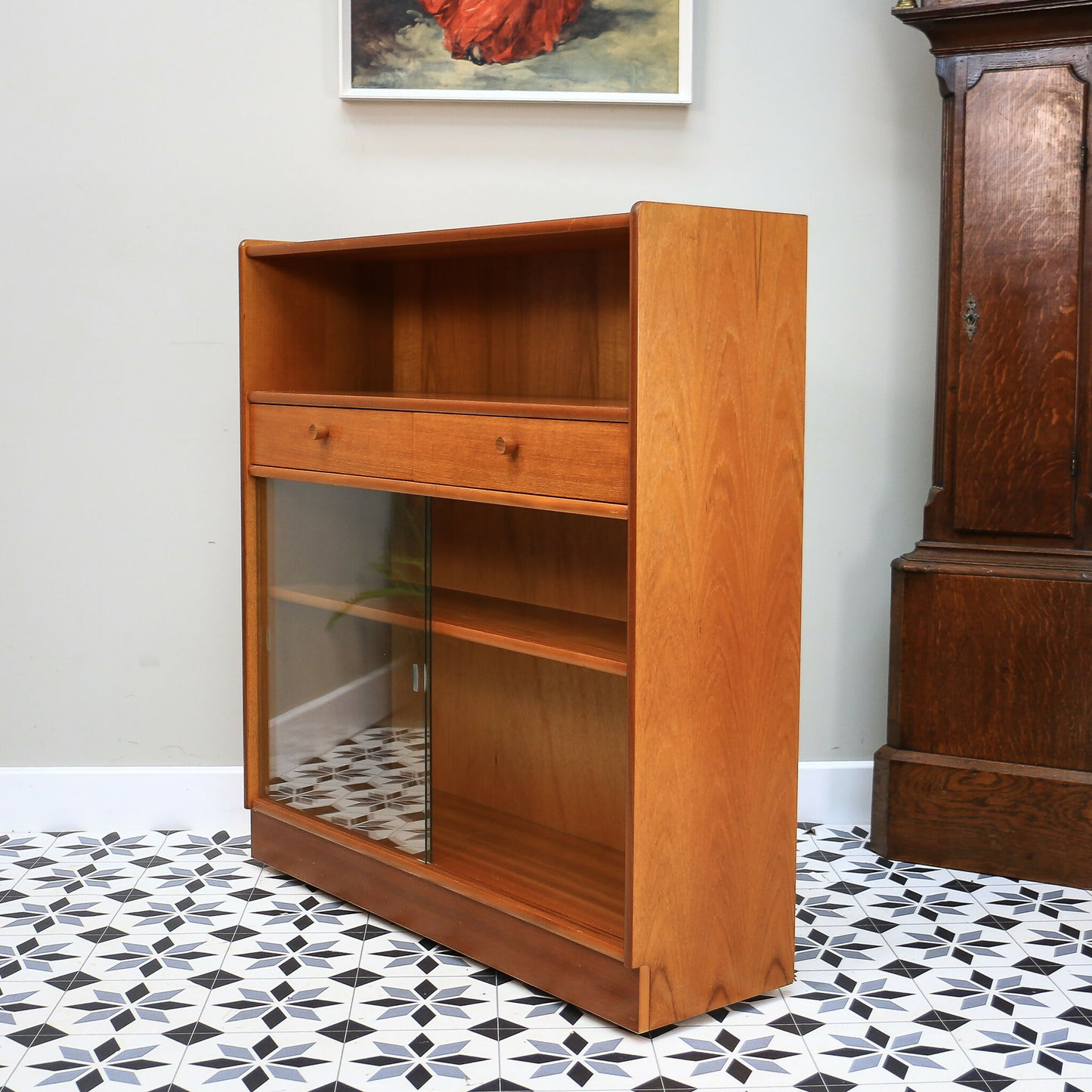 Nathan Teak Slimline Bookcase Wall Unit with Glass Doors and Two Drawers