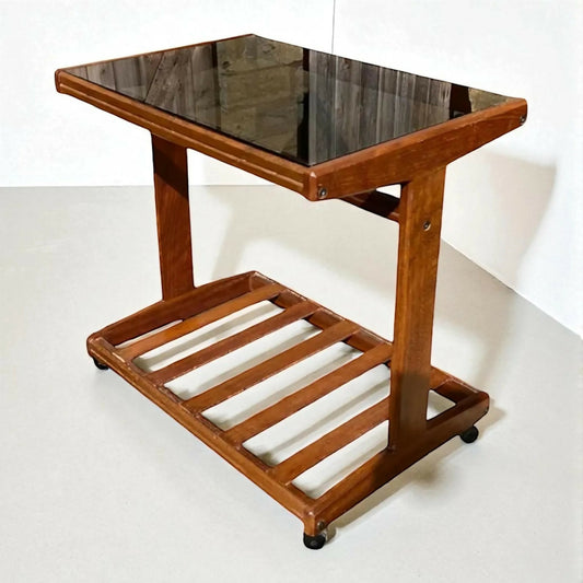Mid-Century Teak and smoked glass side Table / Trolley
