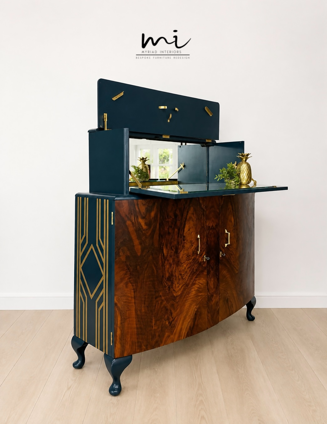 Navy Blue and Gold Art Deco Walnut Drinks Cabinet, cocktail cabinet, 1930s, vintage bar, sideboard, refurbished
