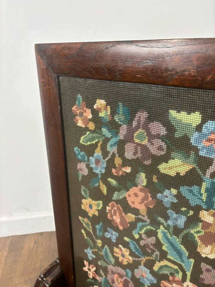 Vintage oak Framed Floral Tapestry Fire Screen
