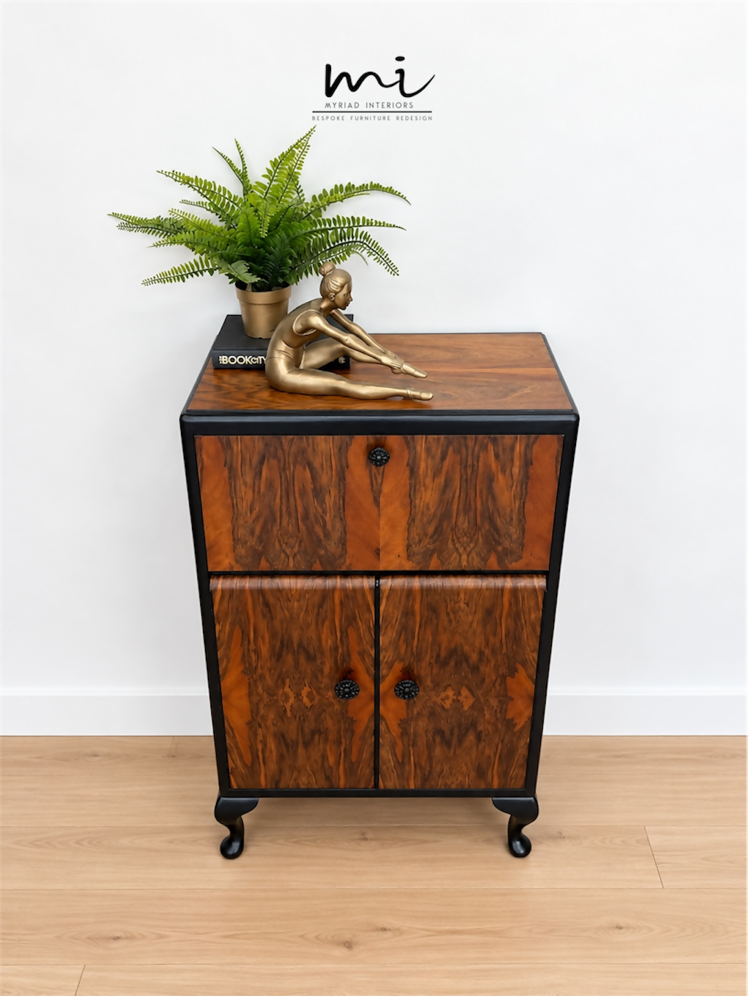 Refurbished Petit Art Deco Burl Walnut Cocktail Cabinet, black and gold drinks cabinet