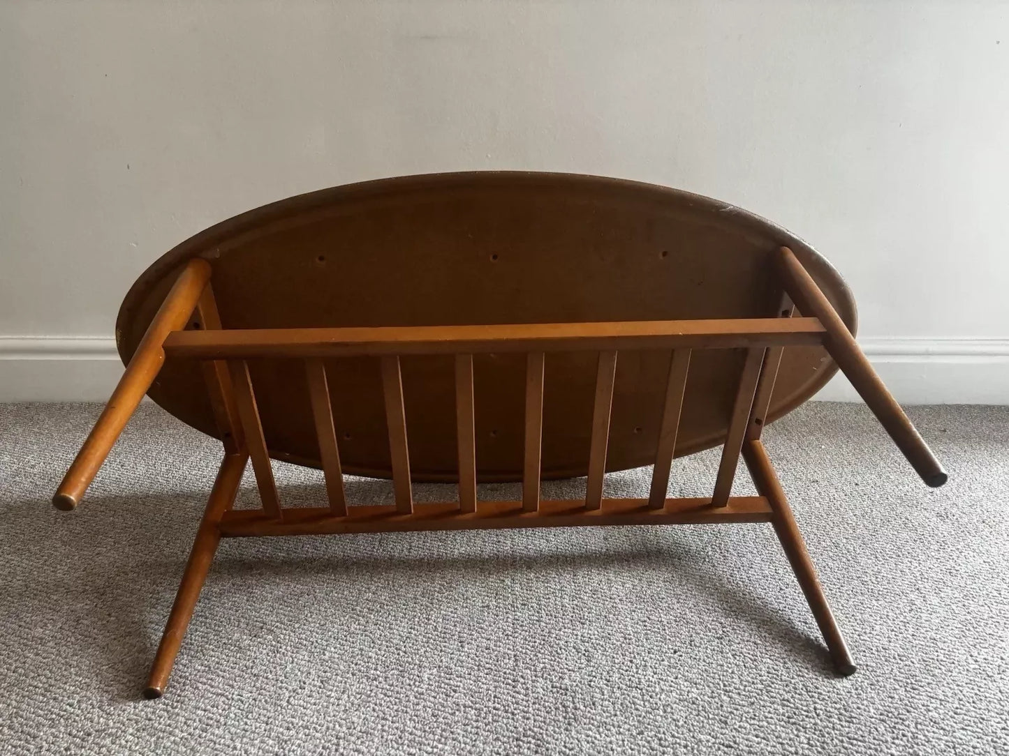 Vintage Oval Coffee Table with Magazine Rack – Mid Century Modern Laminate Wood