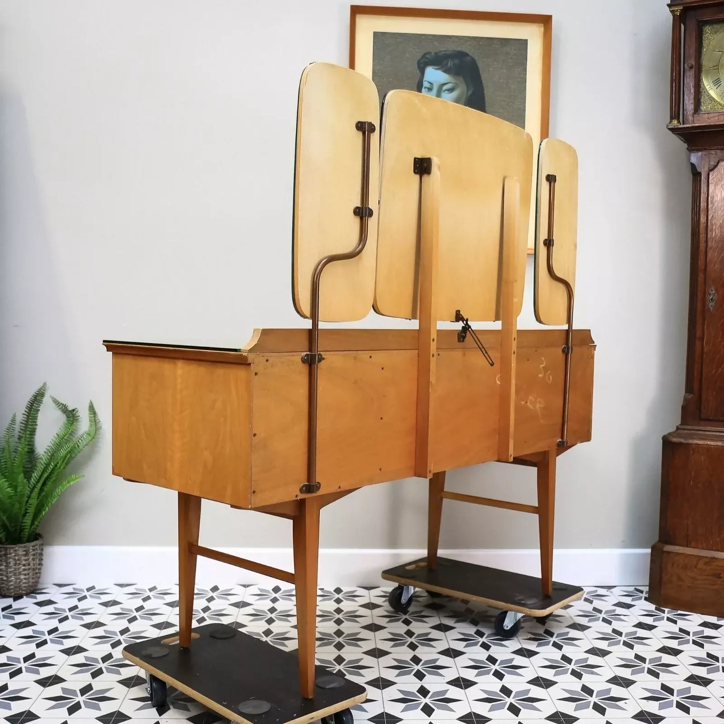 Alfred Cox Dressing Table in Walnut for Heals with Triple Mirror and Glass Top.