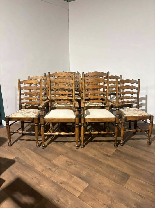 Set of Twelve Oak Yorkshire Style Ladderback Dining Chairs