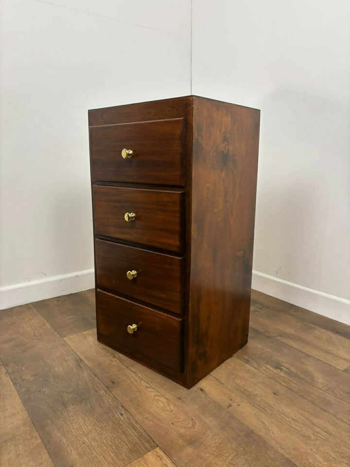Vintage Dark Oak Veneer Narrow Of Four Drawer Chest