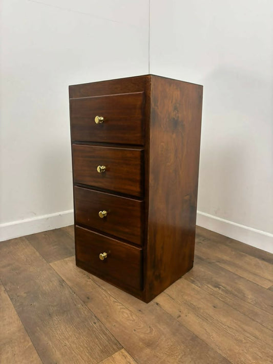 Vintage Dark Oak Veneer Narrow Of Four Drawer Chest